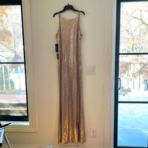 PROM Lulu’s NWT Buff/Nude sequin maxi dress size M adjustable straps cowl back